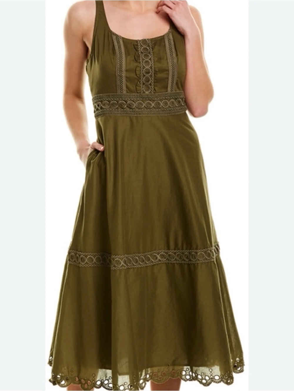 J.Crew Olive Green Lace-Trim Maxi Dress with Eyelit details size XXS